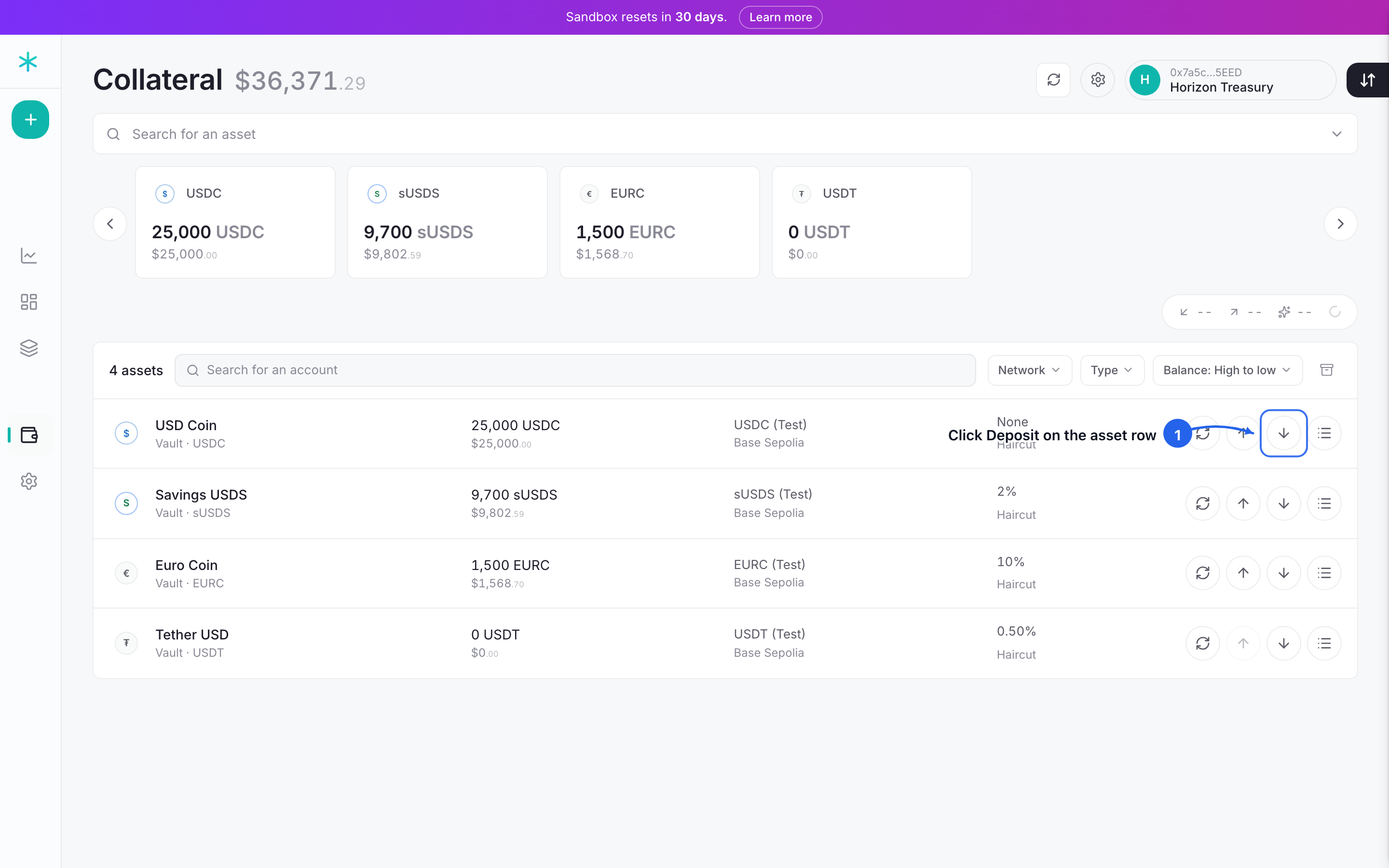 Step 1: each asset row carries its own deposit button. Click it on the token to fund.