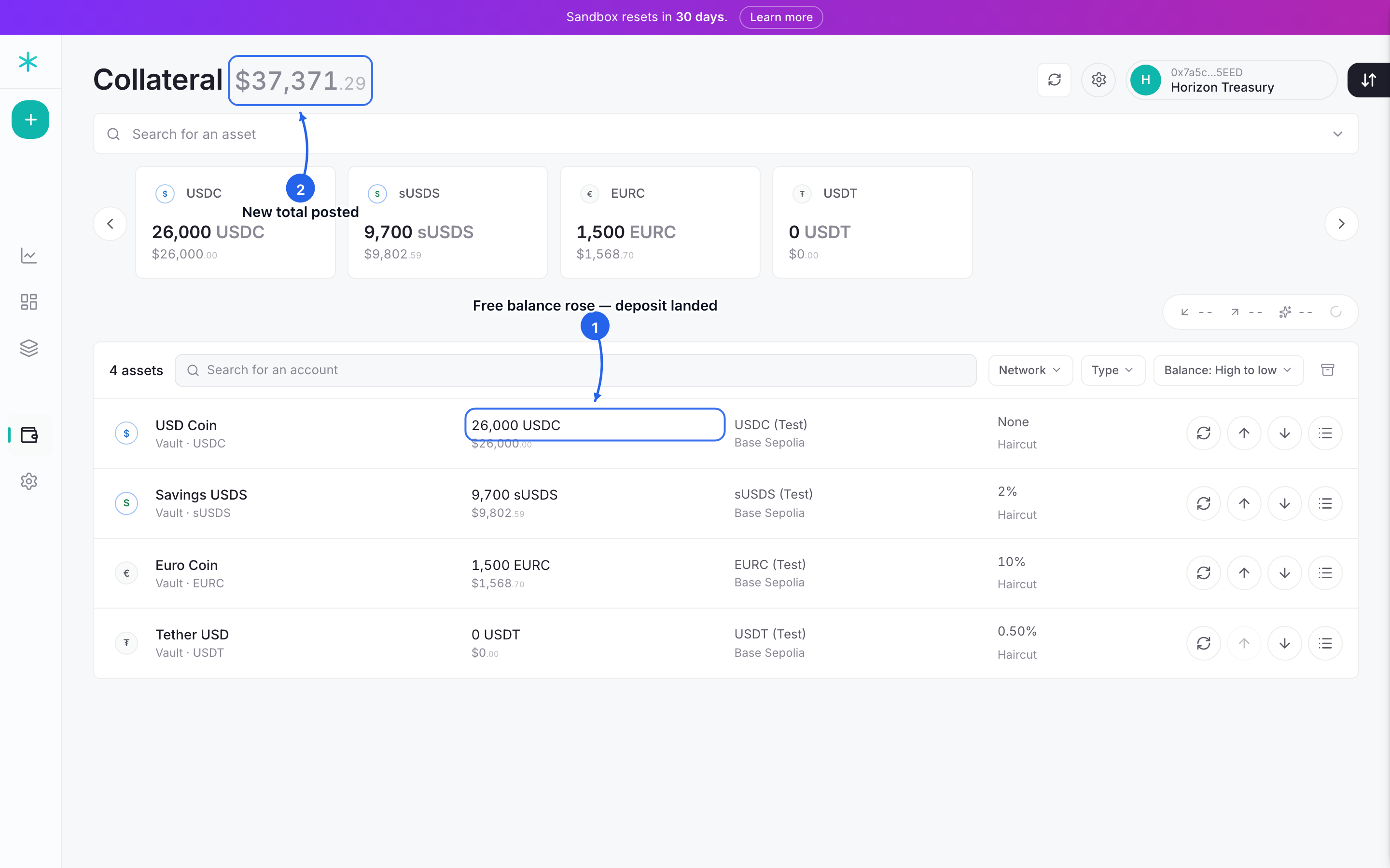 Step 3: the deposit lands: that token's available balance and the total posted both rise.