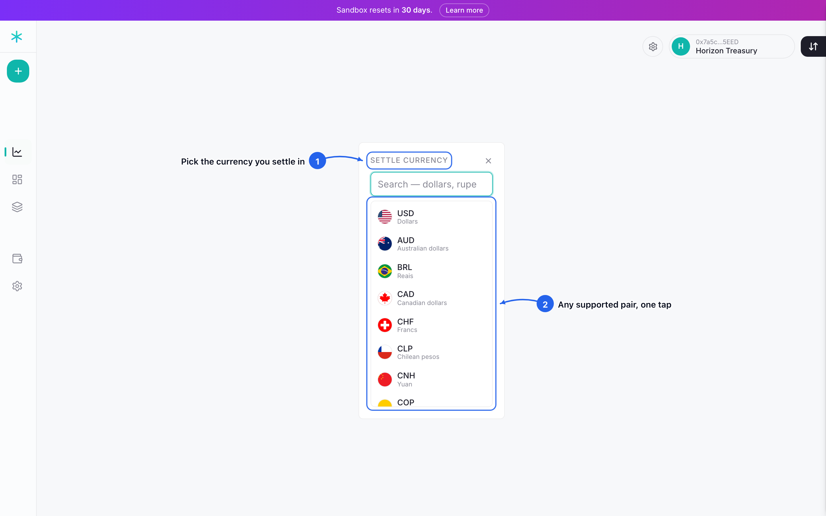 Click the settle leg and pick the settle currency. Every supported pair is one tap away.