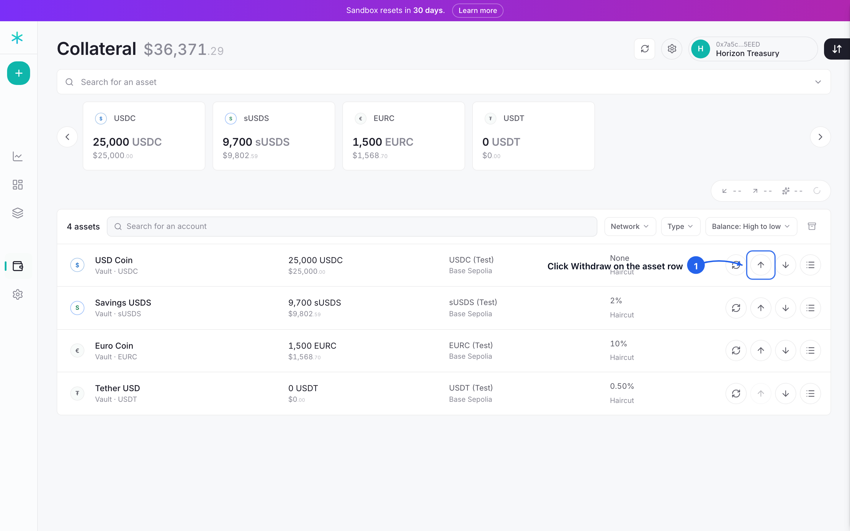 Step 1: each asset row carries its own withdraw button. Click it on the token to pull.