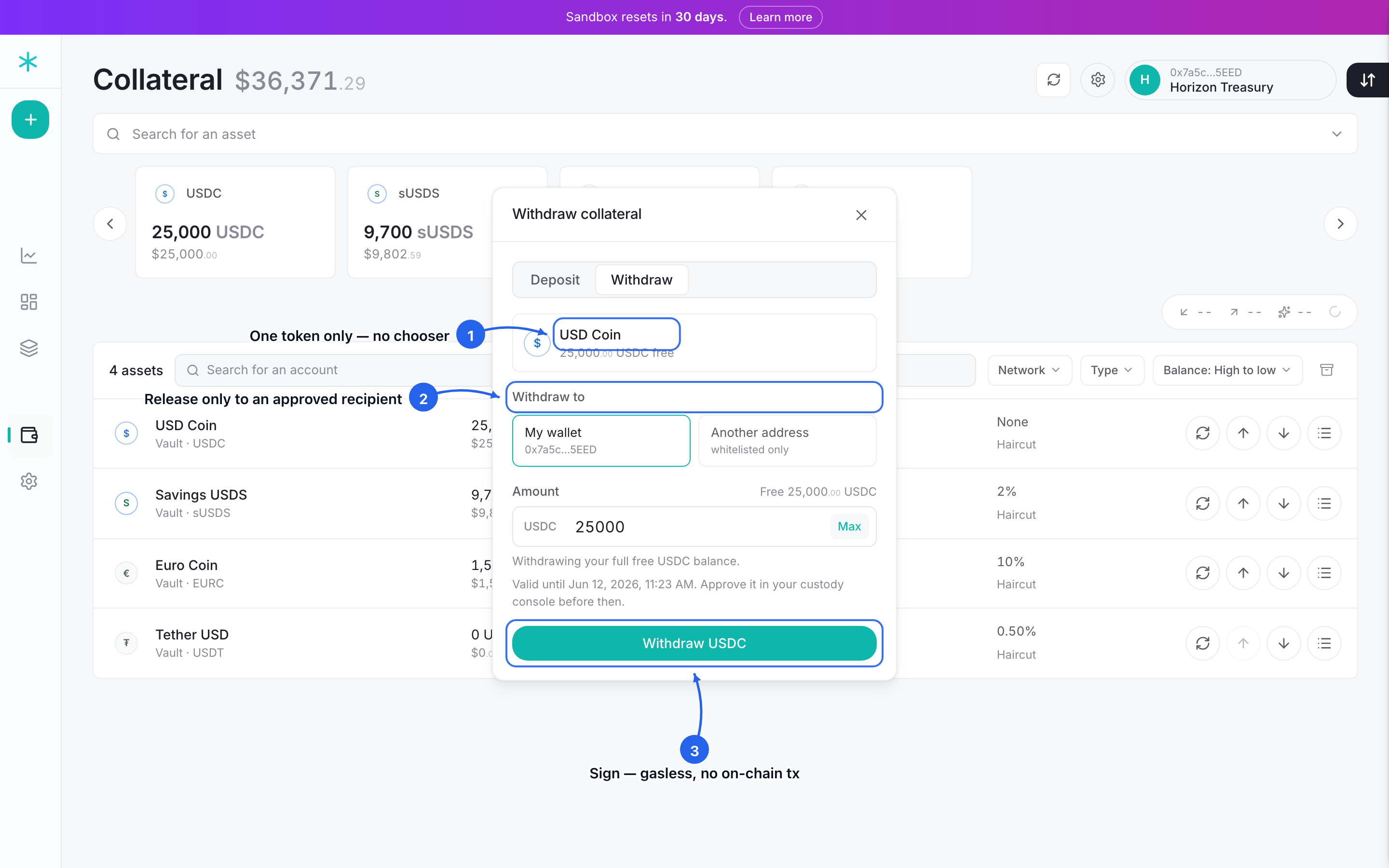 Step 2: the withdraw popup opens locked to that one token. Pick an approved recipient, click Max to fill the full free balance, and click withdraw to sign the gasless intent.