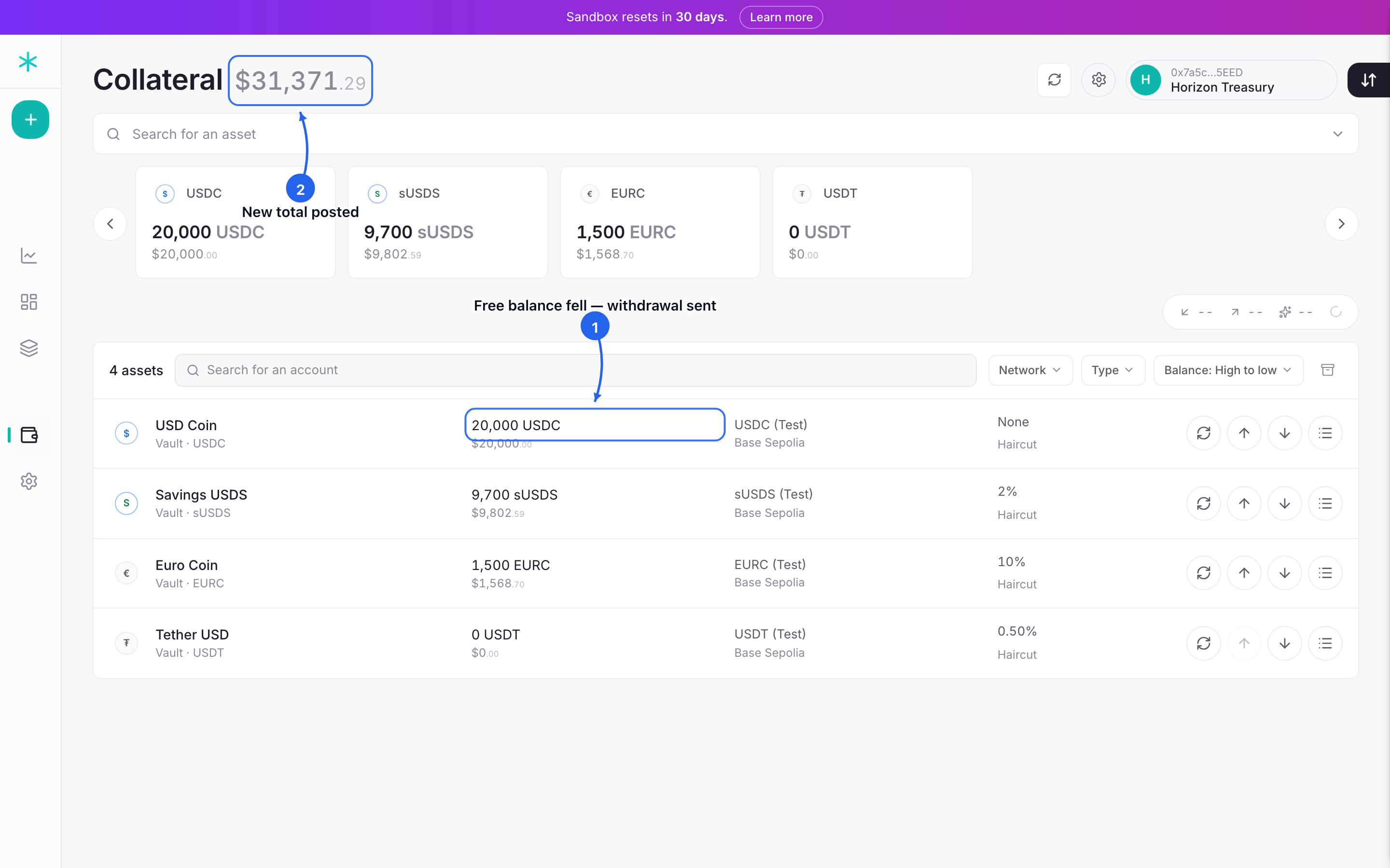 Step 3: the withdrawal sends, and that token's free balance and the total posted both fall.